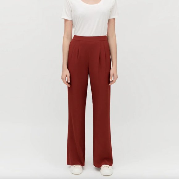 cuyana charmeuse wide leg silk pants terracotta 100% silk pockets warm red brown - Picture 1 of 8